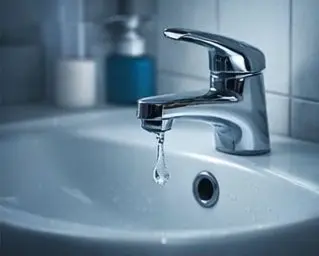Canilla de baño con apenas una gota de agua por falta de energía eléctrica