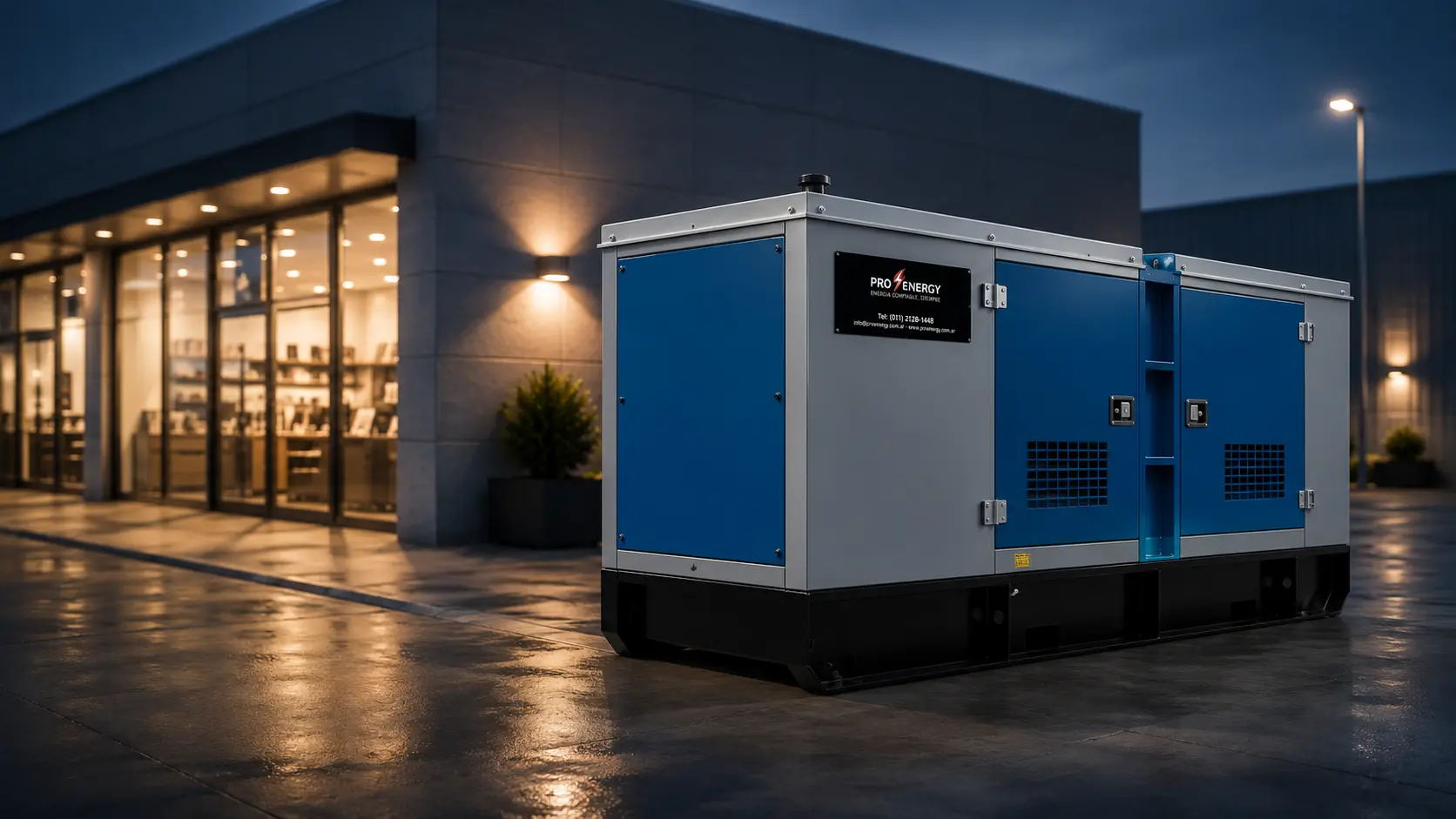 Grupo electrógeno diésel comercial instalado para respaldo energético en edificio y comercios