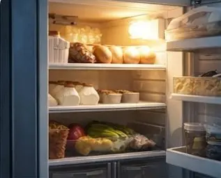 Heladera abierta con mercadería durante un corte de luz en una casa